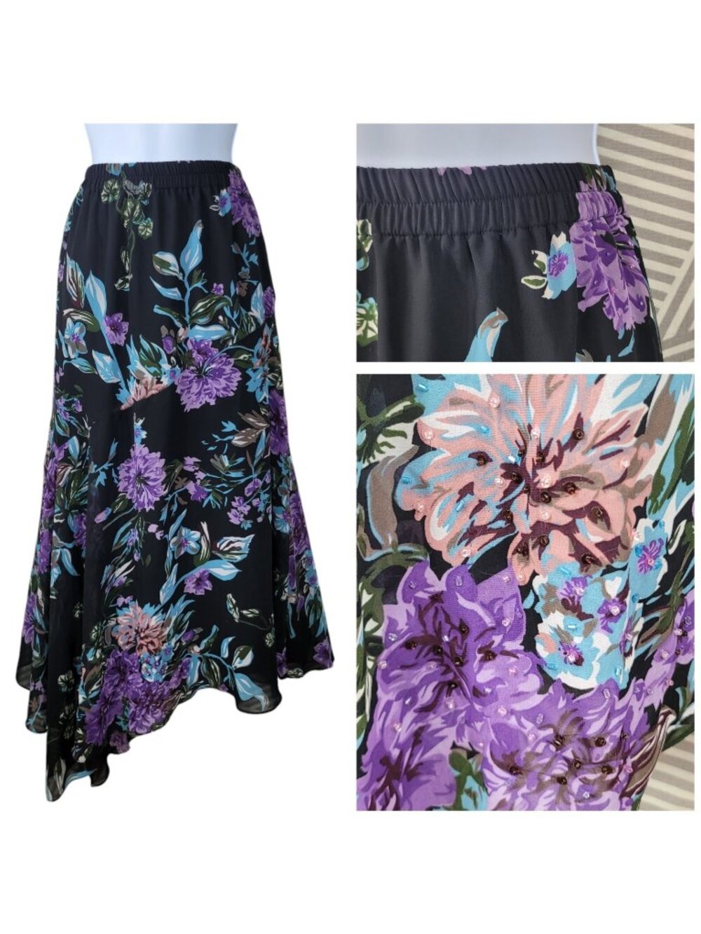 Eva Floral Skirt Plus 16 16W Elastic Stretch Waist alt Midi Beaded Whimsigoth